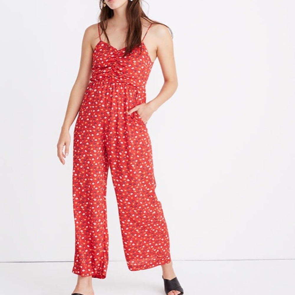 Madewell Ruched Red Floral Jumpsuit Romper